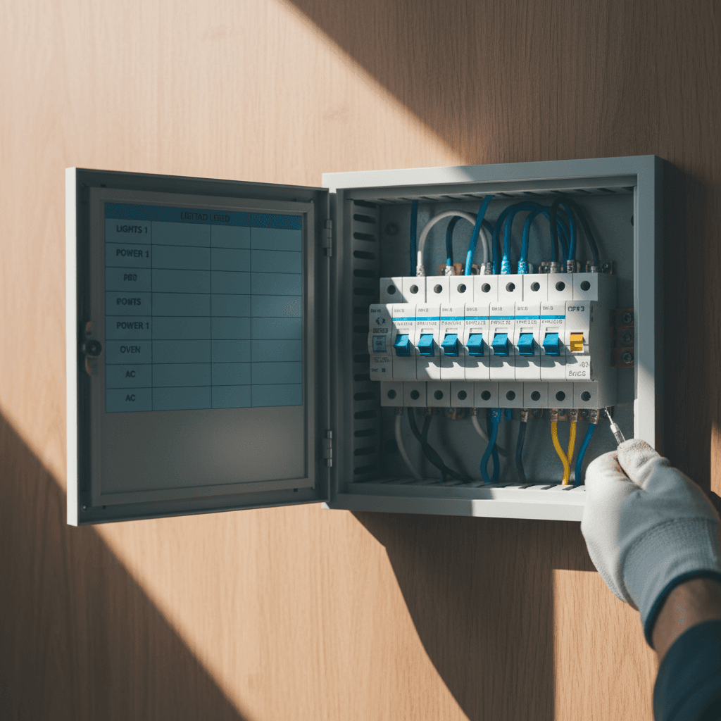 A modern switchboard with every circuit clearly labelled inside the door